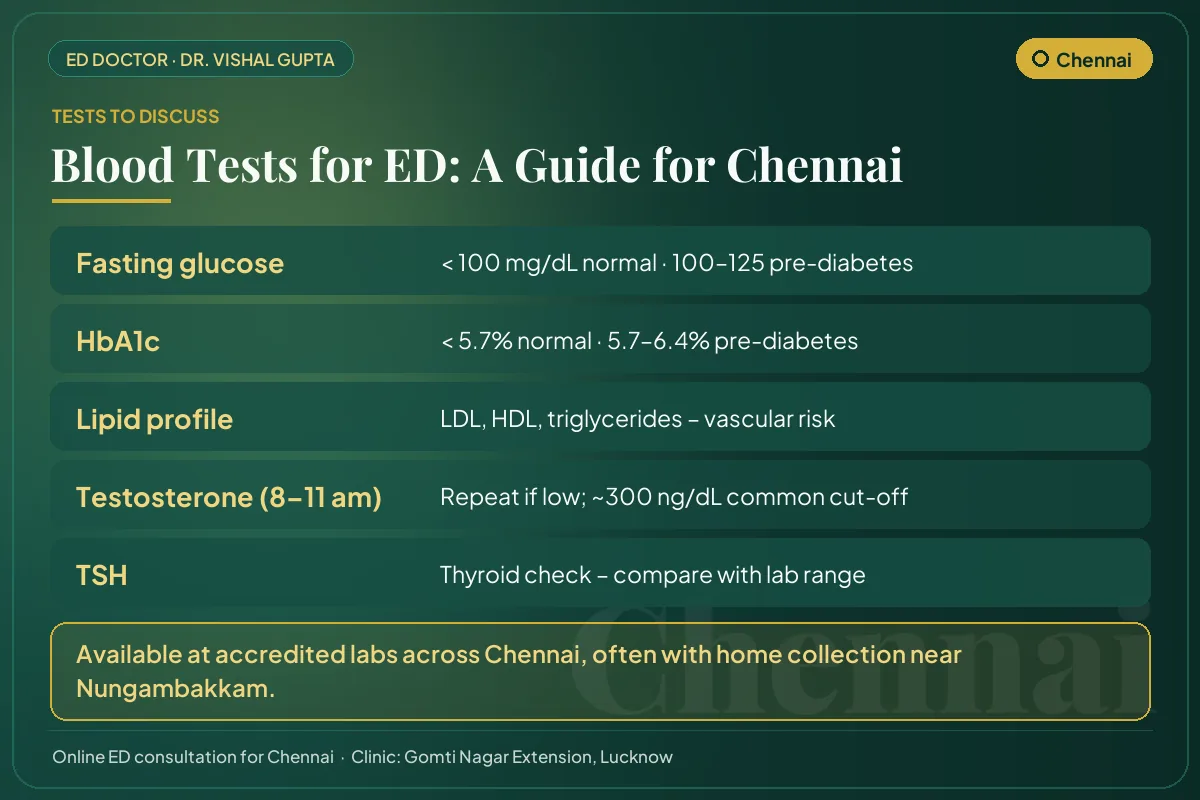 Blood tests for erectile dysfunction explained for Chennai men: glucose, HbA1c, lipids, testosterone and thyroid
