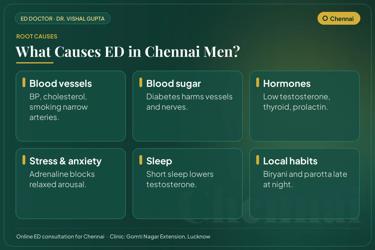 Six common causes of erectile dysfunction among men in Chennai, including local lifestyle habits