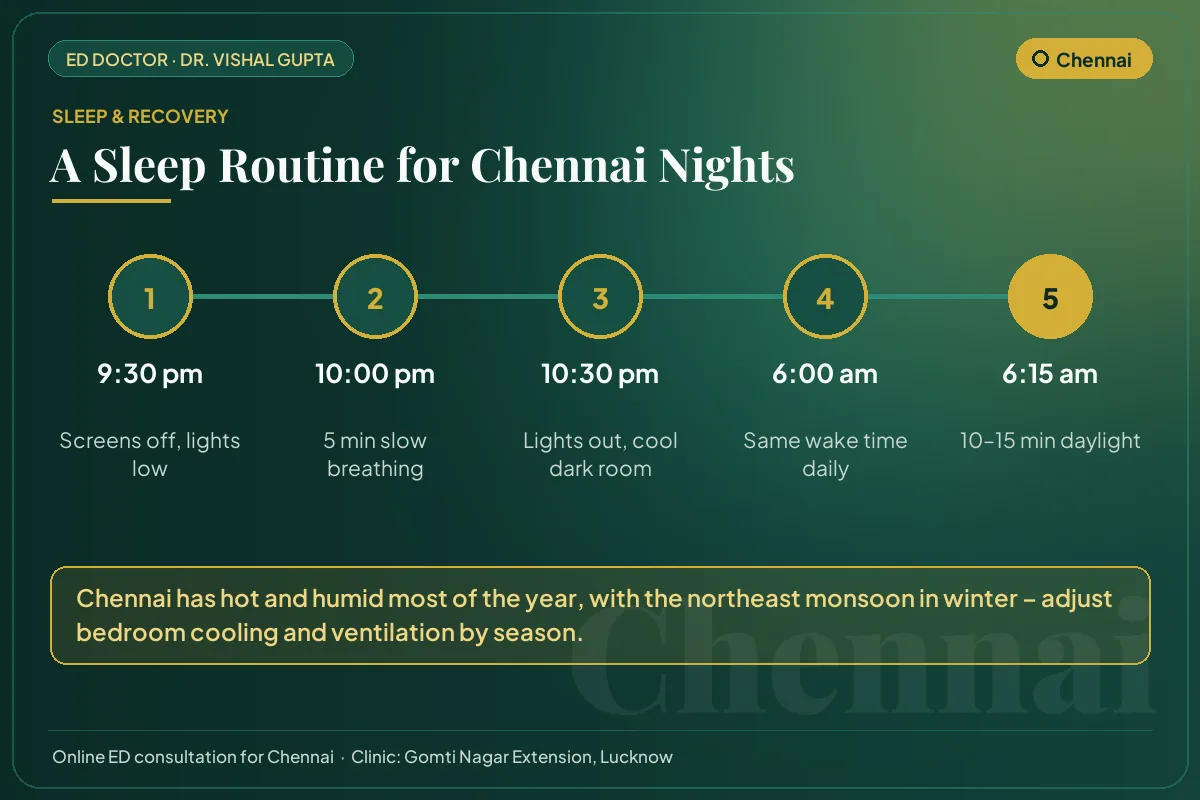 Nightly sleep routine for better testosterone and erectile health, adapted to Chennai's climate