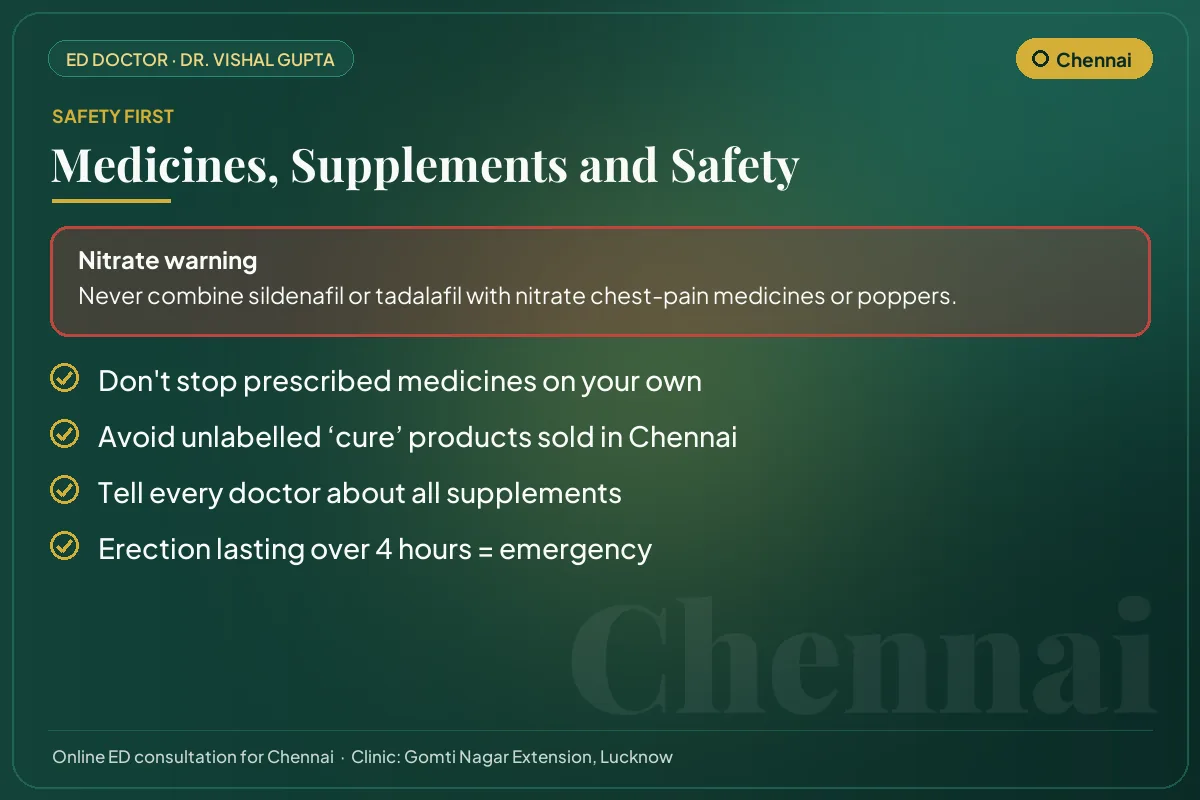 Medicine and supplement safety checklist for men in Chennai, including the nitrate warning