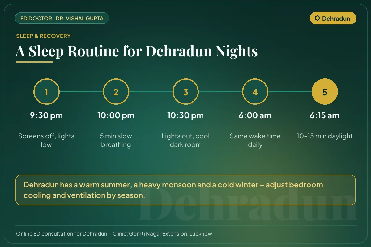 Nightly sleep routine for better testosterone and erectile health, adapted to Dehradun's climate