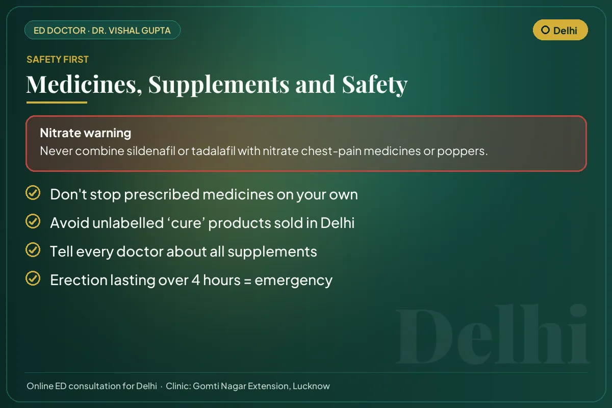 Medicine and supplement safety checklist for men in Delhi, including the nitrate warning