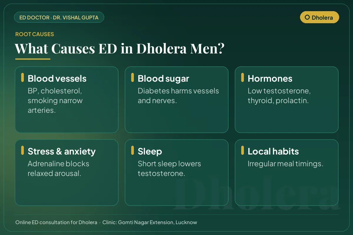 Six common causes of erectile dysfunction among men in Dholera, including local lifestyle habits