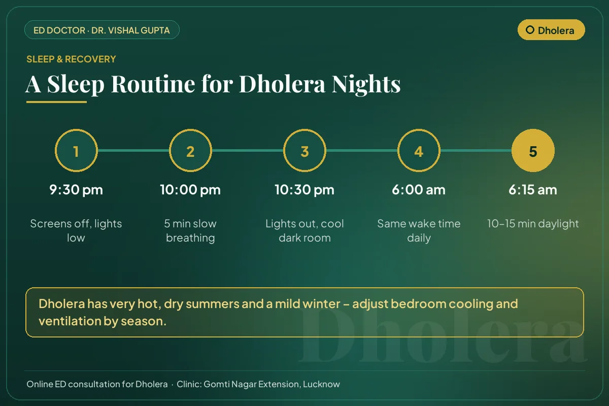 Nightly sleep routine for better testosterone and erectile health, adapted to Dholera's climate