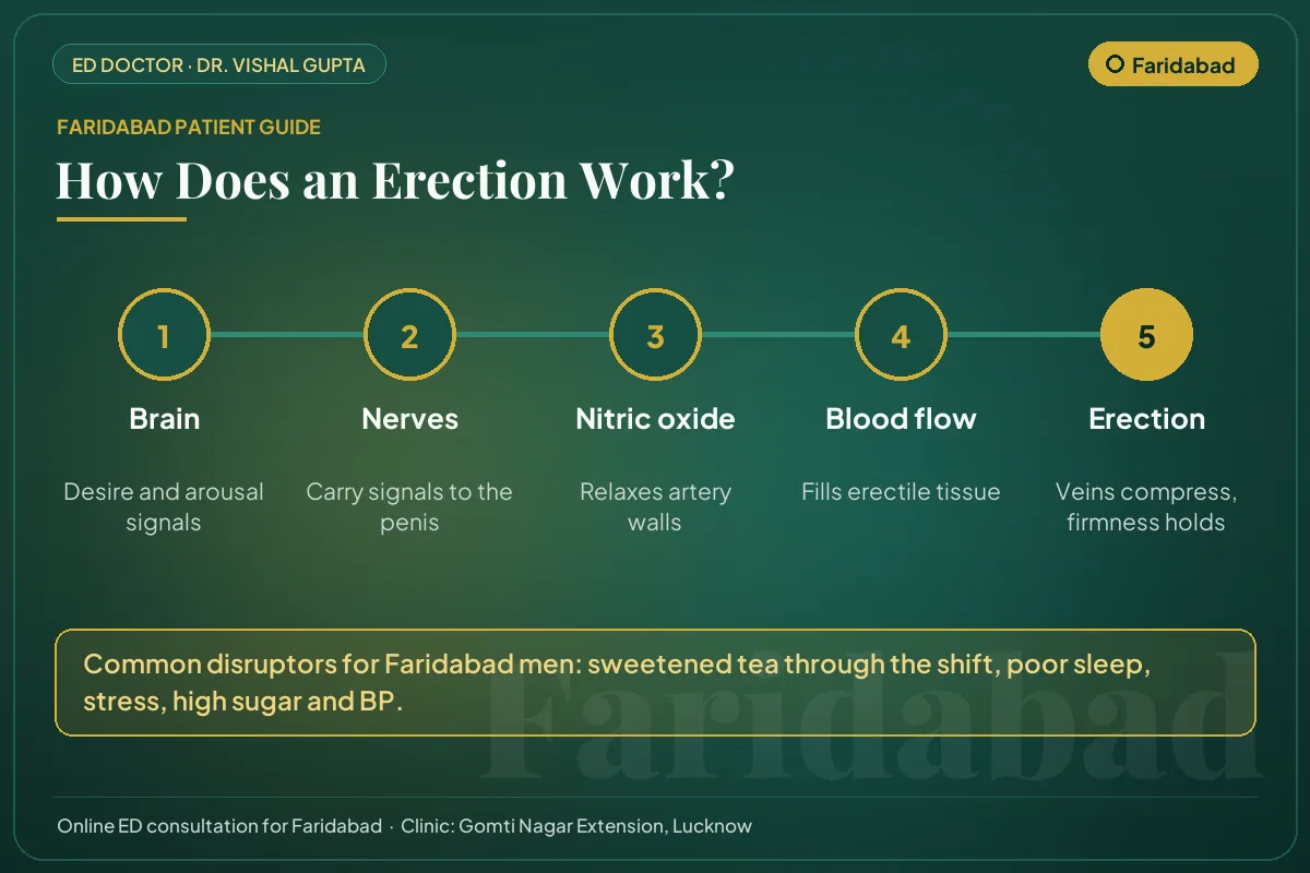 Diagram for Faridabad patients: how brain, nerves, nitric oxide and blood flow create an erection