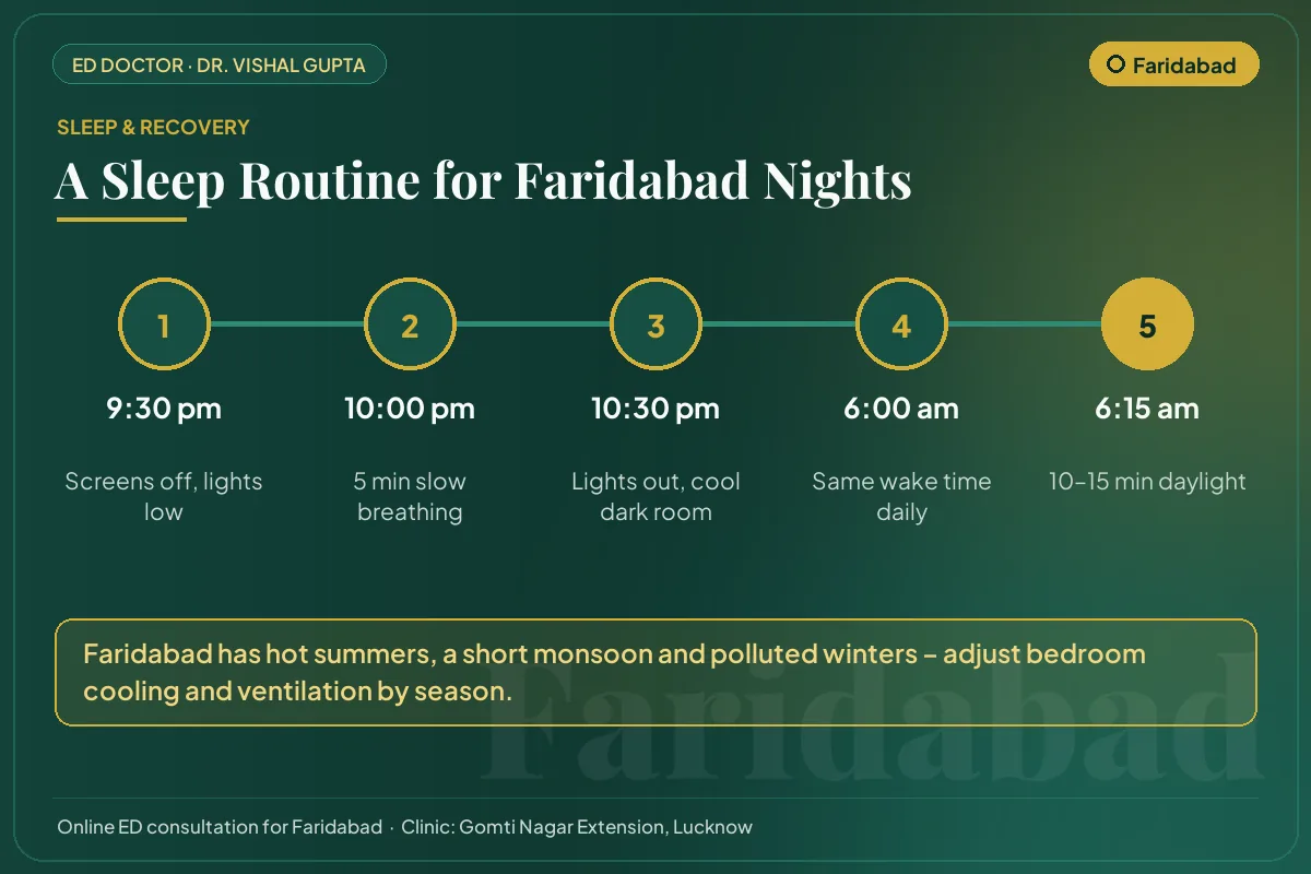 Nightly sleep routine for better testosterone and erectile health, adapted to Faridabad's climate