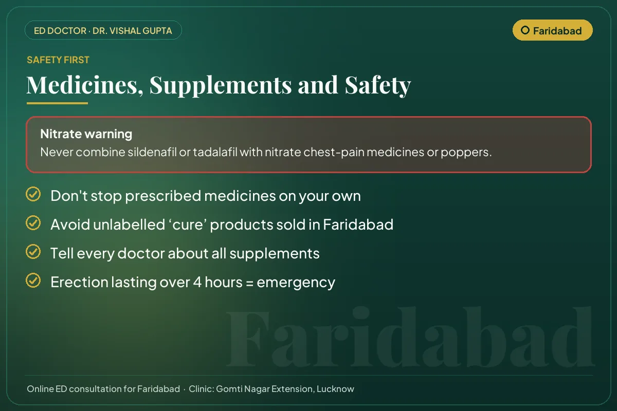 Medicine and supplement safety checklist for men in Faridabad, including the nitrate warning