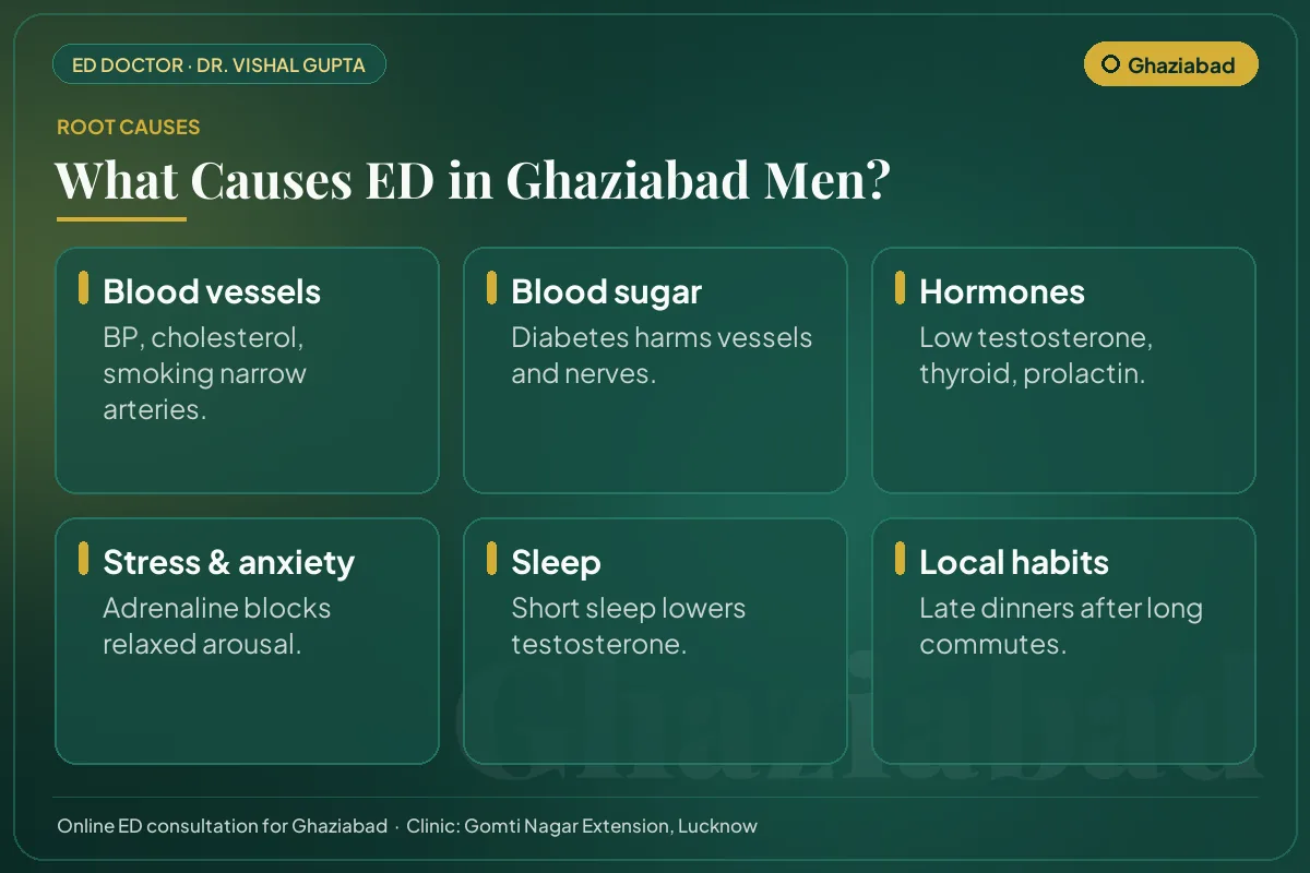 Six common causes of erectile dysfunction among men in Ghaziabad, including local lifestyle habits