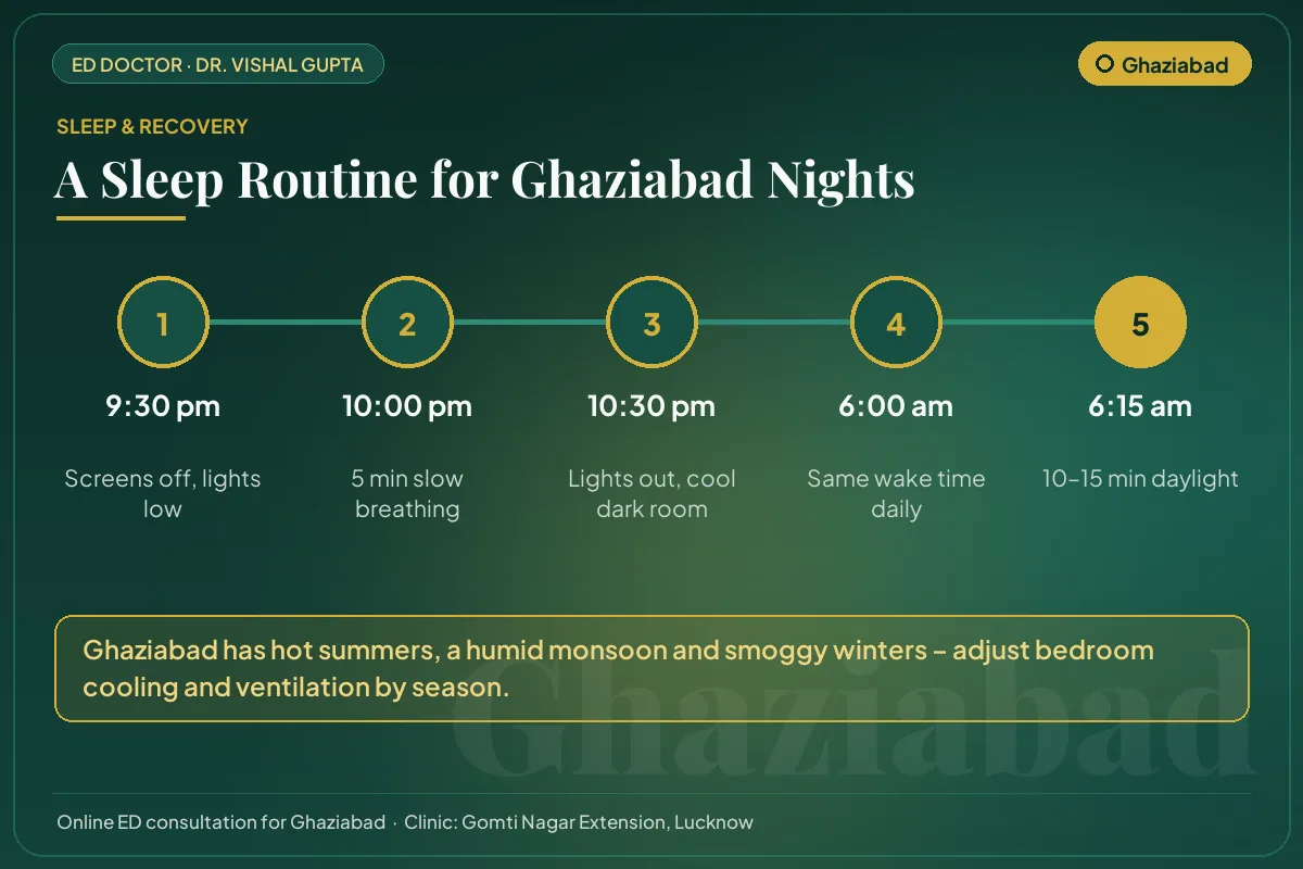 Nightly sleep routine for better testosterone and erectile health, adapted to Ghaziabad's climate