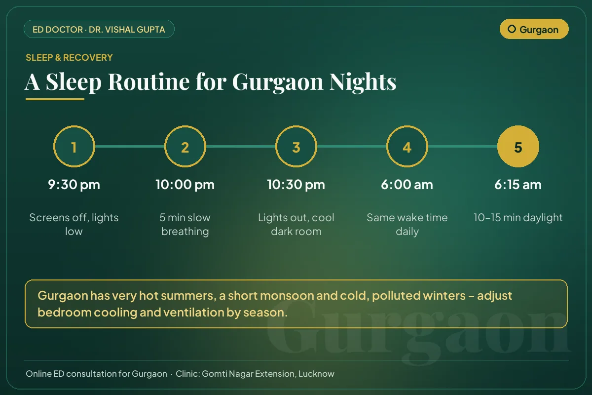 Nightly sleep routine for better testosterone and erectile health, adapted to Gurgaon's climate