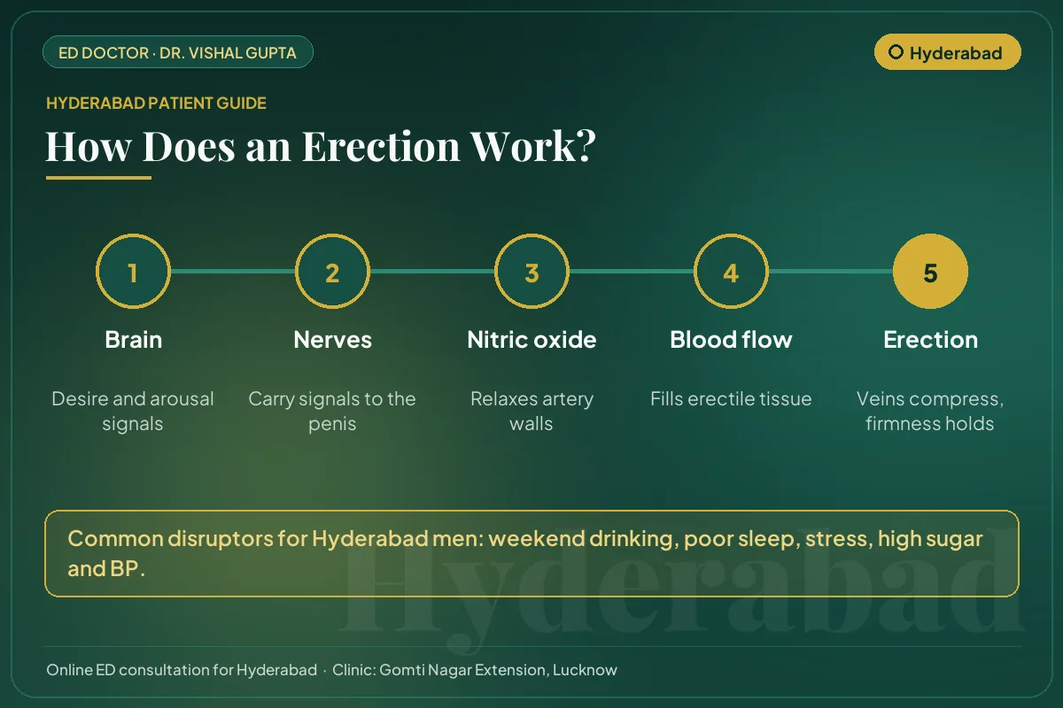 Diagram for Hyderabad patients: how brain, nerves, nitric oxide and blood flow create an erection