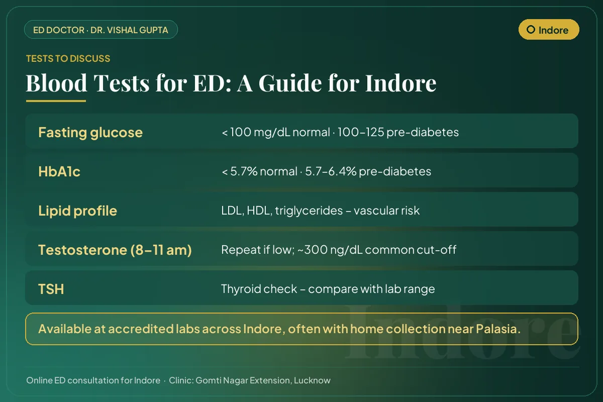 Blood tests for erectile dysfunction explained for Indore men: glucose, HbA1c, lipids, testosterone and thyroid