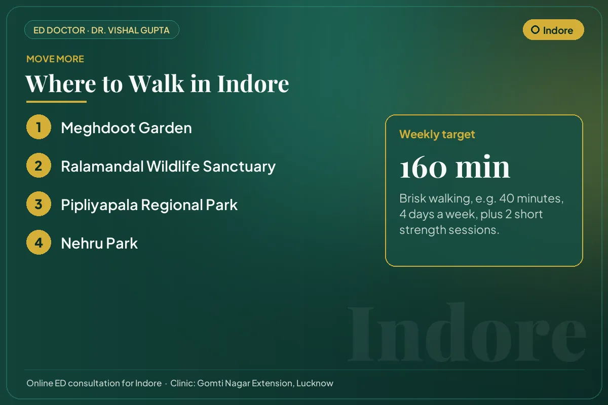 Places to walk in Indore, such as Meghdoot Garden, with a weekly exercise target for erectile health