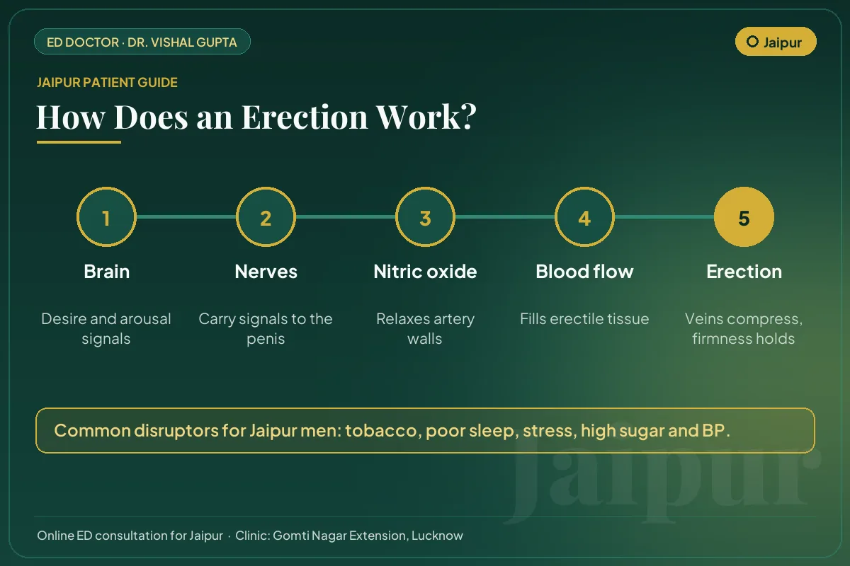 Diagram for Jaipur patients: how brain, nerves, nitric oxide and blood flow create an erection