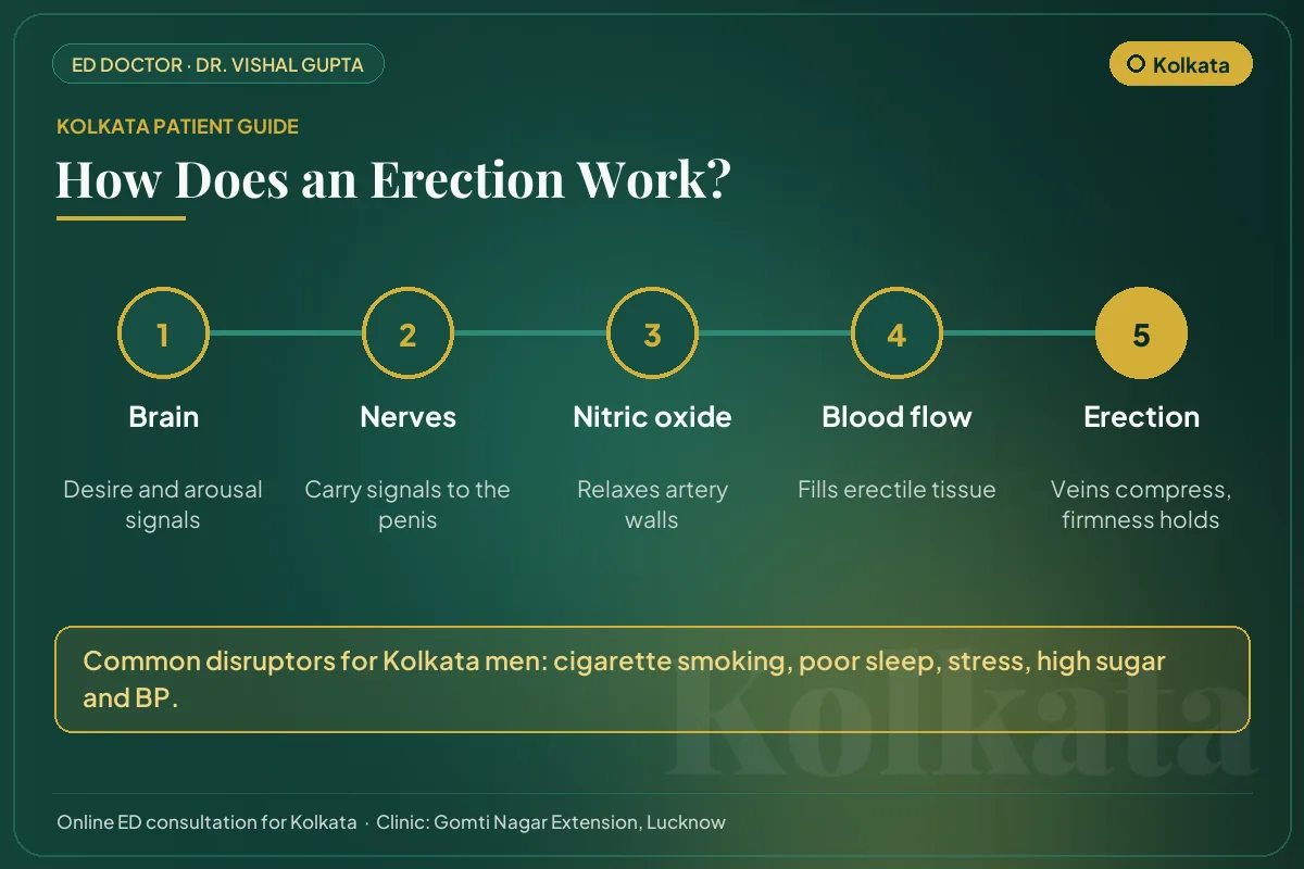 Diagram for Kolkata patients: how brain, nerves, nitric oxide and blood flow create an erection