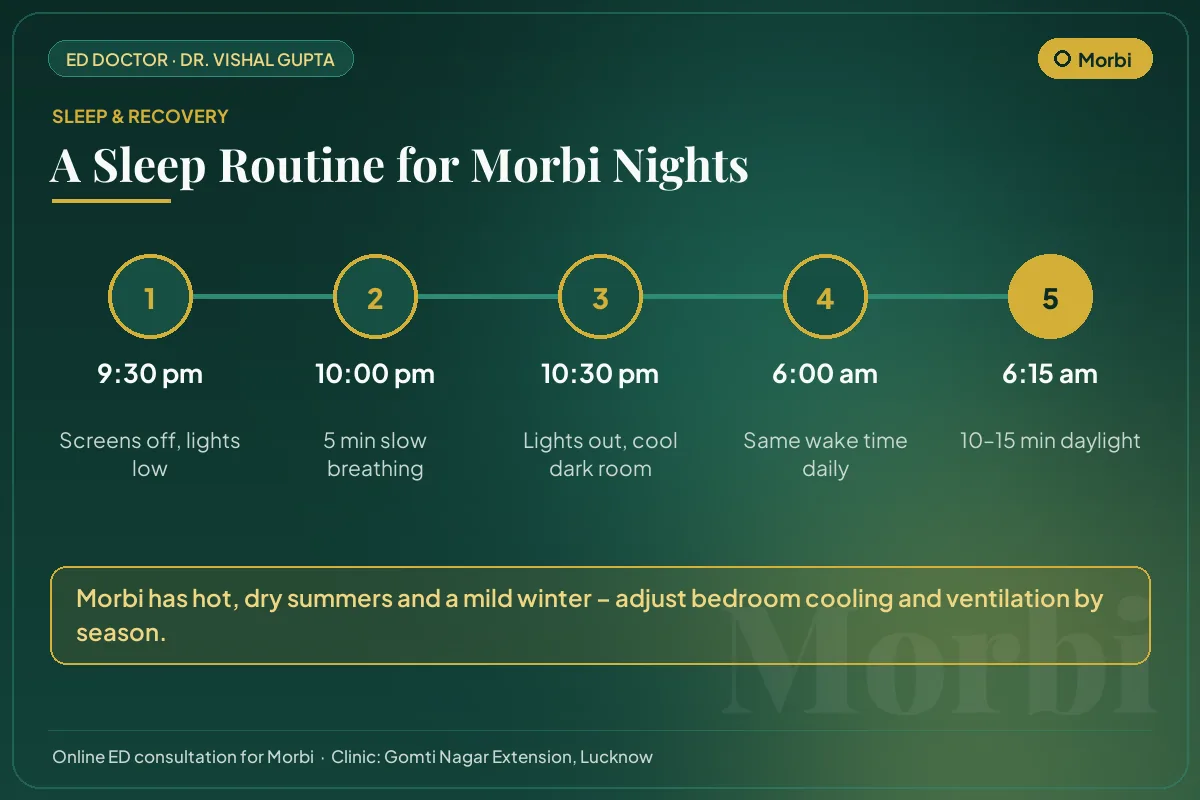 Nightly sleep routine for better testosterone and erectile health, adapted to Morbi's climate
