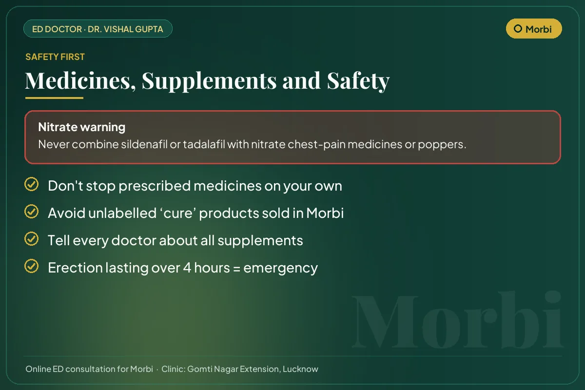 Medicine and supplement safety checklist for men in Morbi, including the nitrate warning