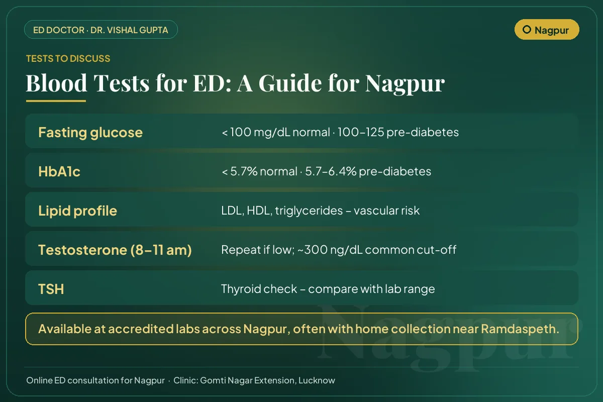 Blood tests for erectile dysfunction explained for Nagpur men: glucose, HbA1c, lipids, testosterone and thyroid