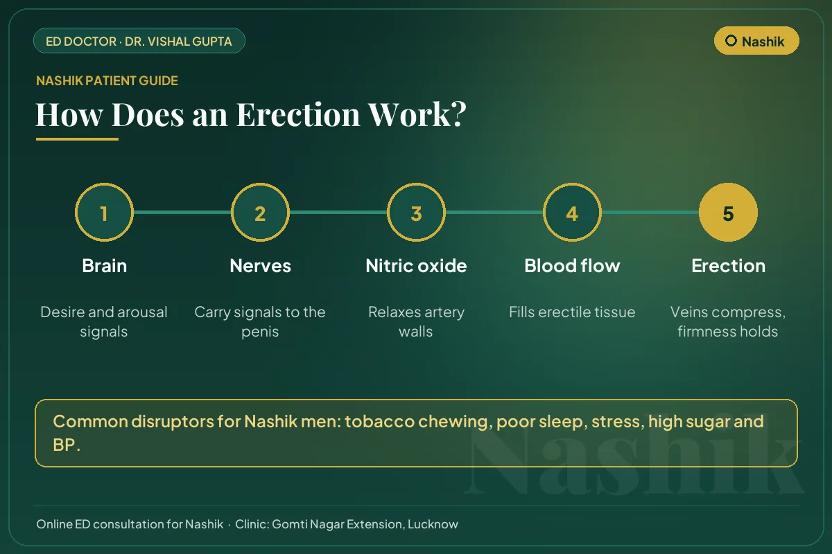 Diagram for Nashik patients: how brain, nerves, nitric oxide and blood flow create an erection