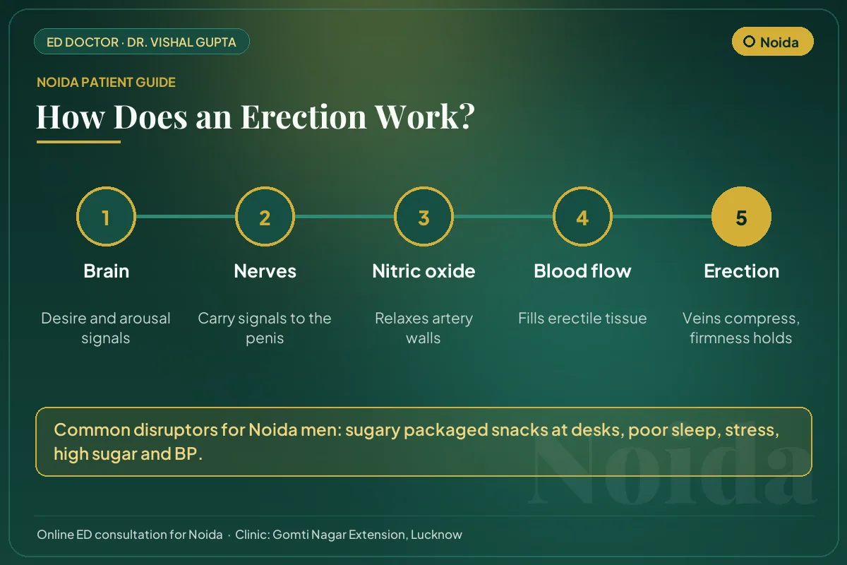 Diagram for Noida patients: how brain, nerves, nitric oxide and blood flow create an erection