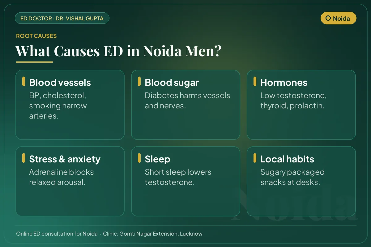 Six common causes of erectile dysfunction among men in Noida, including local lifestyle habits