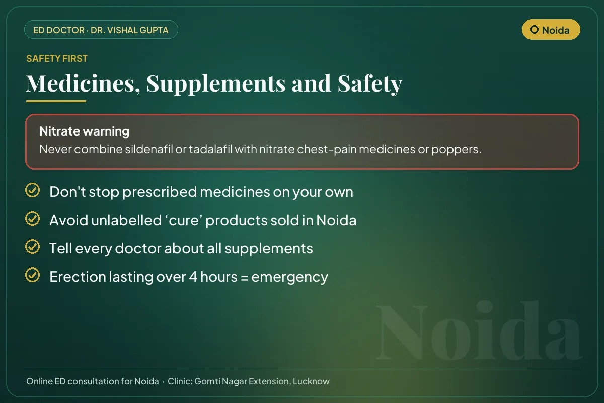 Medicine and supplement safety checklist for men in Noida, including the nitrate warning