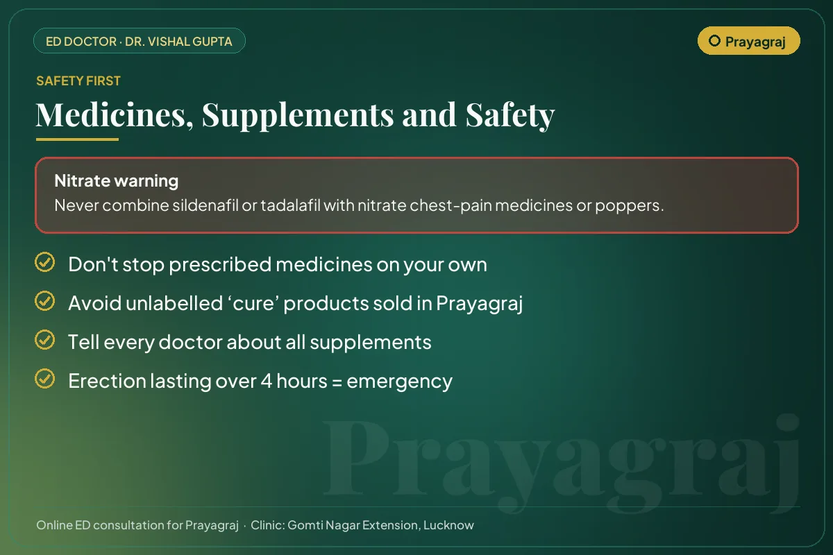 Medicine and supplement safety checklist for men in Prayagraj, including the nitrate warning