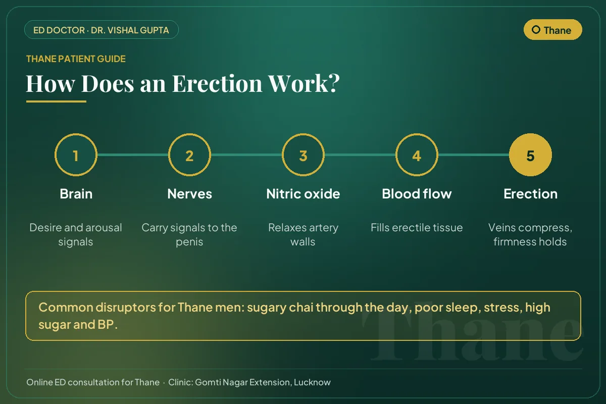 Diagram for Thane patients: how brain, nerves, nitric oxide and blood flow create an erection