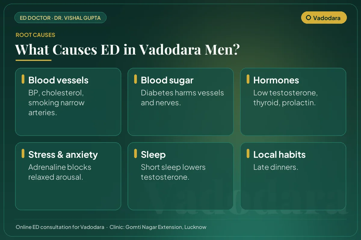 Six common causes of erectile dysfunction among men in Vadodara, including local lifestyle habits