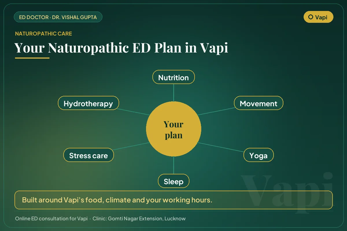 The six pillars of a naturopathic erectile dysfunction plan for men in Vapi