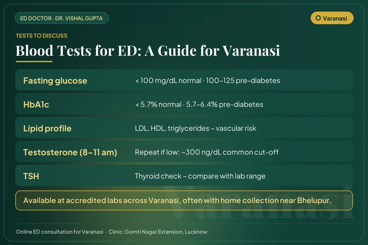 Blood tests for erectile dysfunction explained for Varanasi men: glucose, HbA1c, lipids, testosterone and thyroid