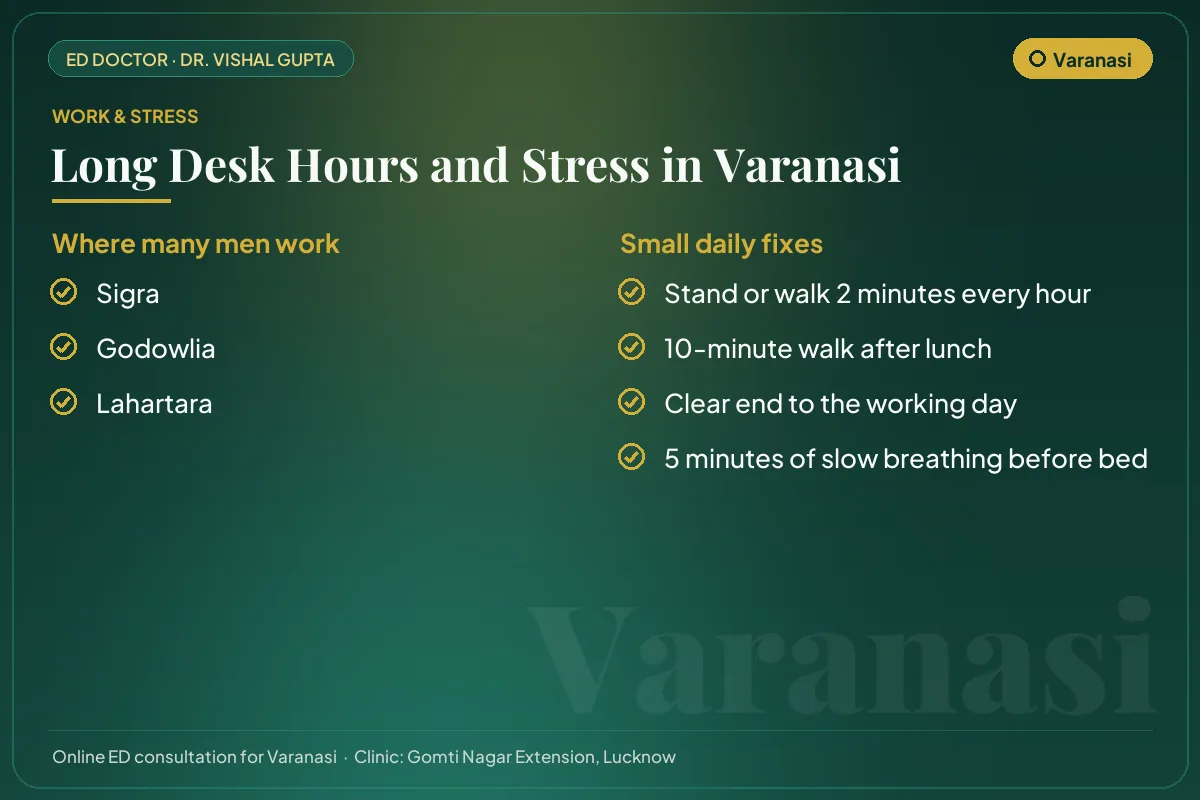Work hubs in Varanasi and simple daily fixes for desk hours and stress that affect erectile health