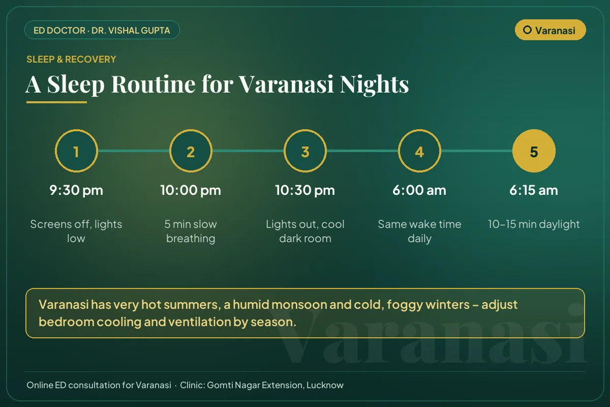 Nightly sleep routine for better testosterone and erectile health, adapted to Varanasi's climate